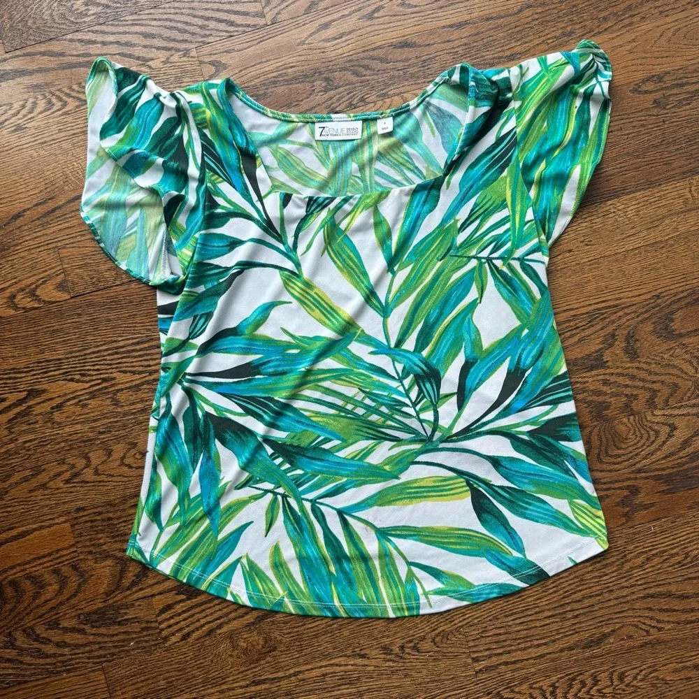New York & Company Y2K Tropical Green Palm Leaf Print Women's Top Small - Picture 3 of 6